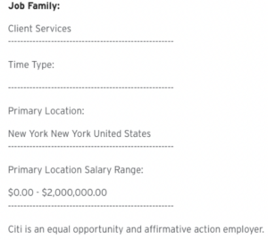 A screenshot of a salary range posted by Citi, starting at $0 and going to $2 million.