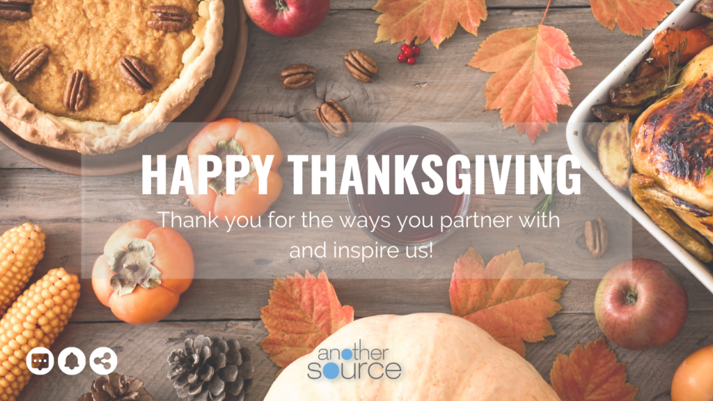 A table set with pecan pie, persimmons, a pumpkin, apples, and a turkey