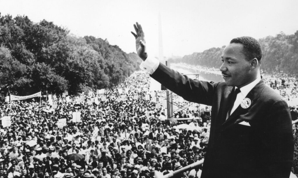 Martin Luther King, Jr. at the podium during the historic March on Washington.